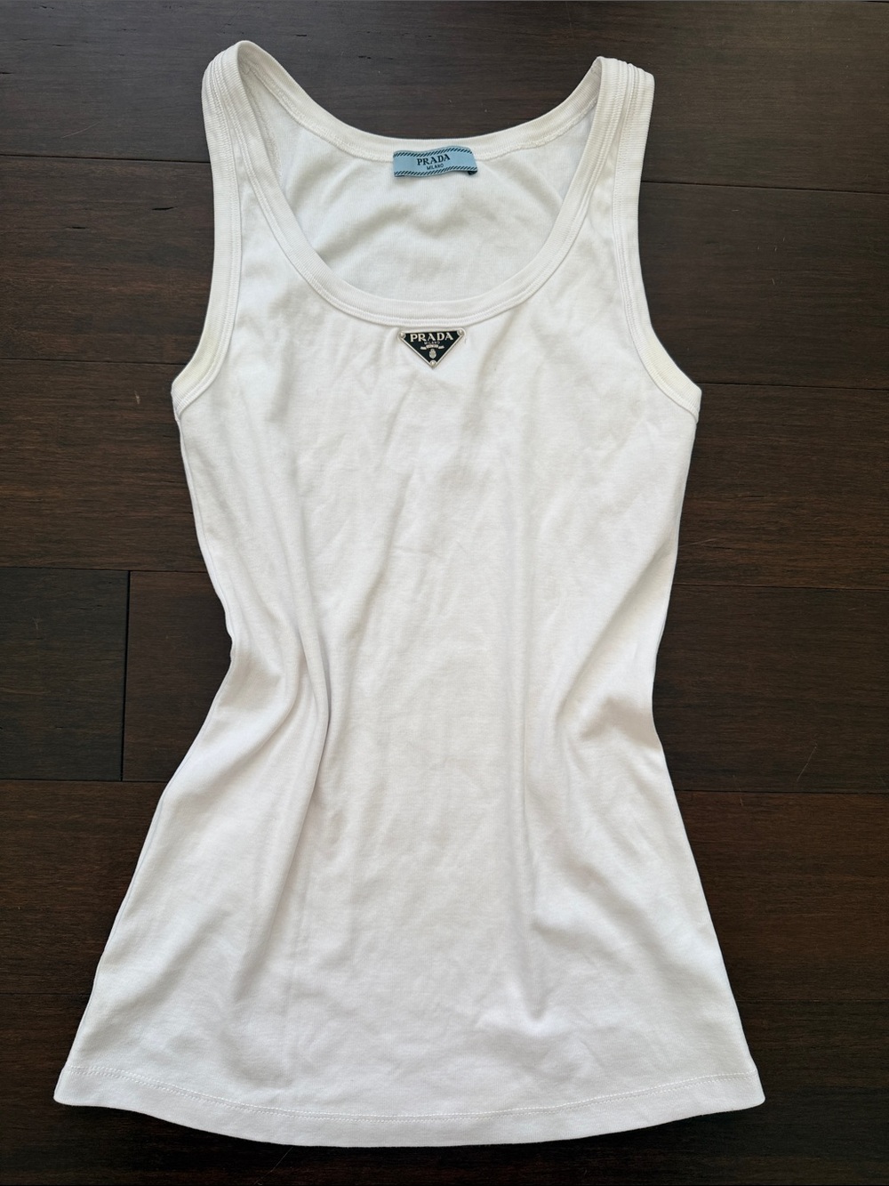Prada White Ribbed Cotton Tank with Triangular Logo